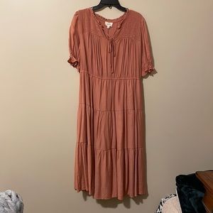 Peach Smocked Tiered Midi Dress